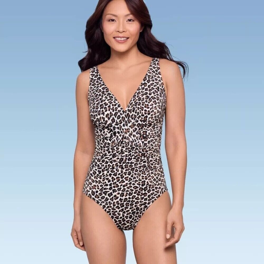 Aqua Green Shape + Style 10 Leopard Print V-Neck Ruched Front One Piece Swimsuit